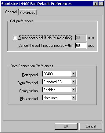 Modem Default Preferences � General